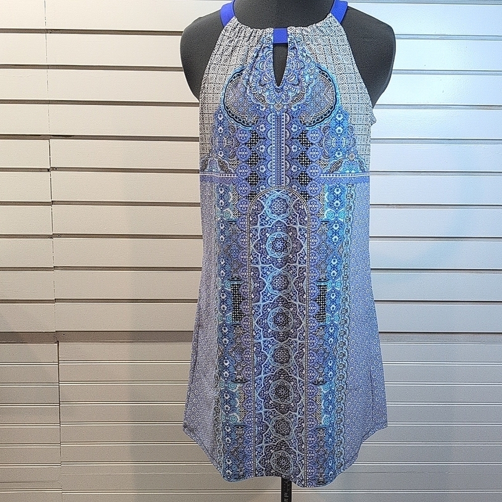 Cabana Life Women’s M Blue White Medallion Print Halter Sleeveless Dress NWOT